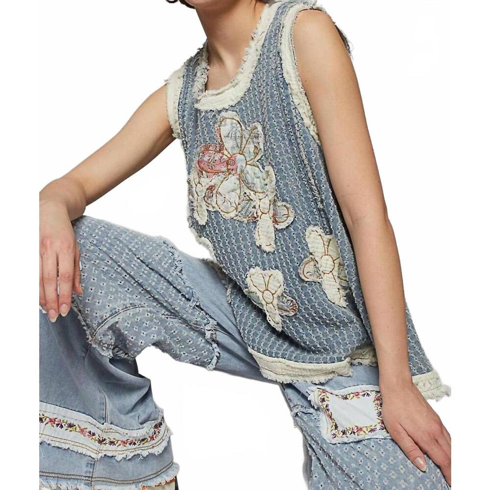 POL Blue Floral Appliqué Sleeveless Tank Top - Picture 6 of 7